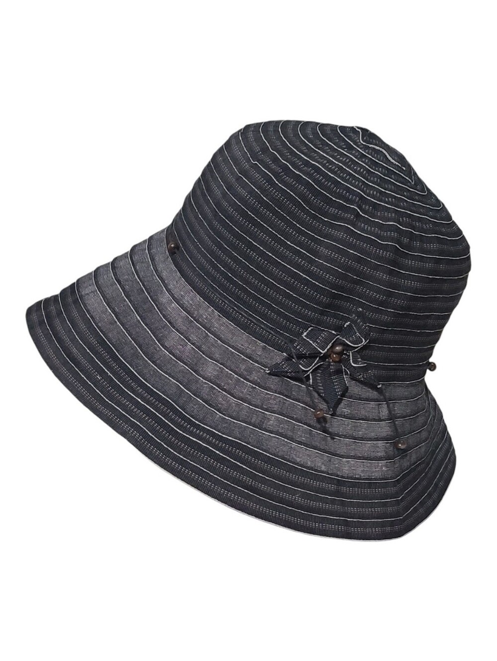 💥 Parkhurst Black Packable Ribbed Mesh Sun Hat Foldable Bucket Cloche Wood Bead